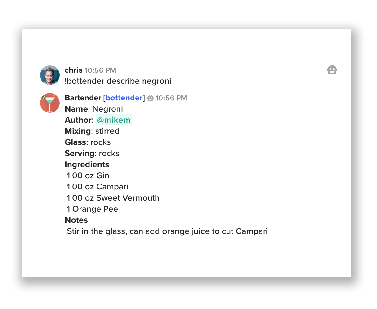 @bottenderbot responds to a request to describe the ingredients of a Negroni