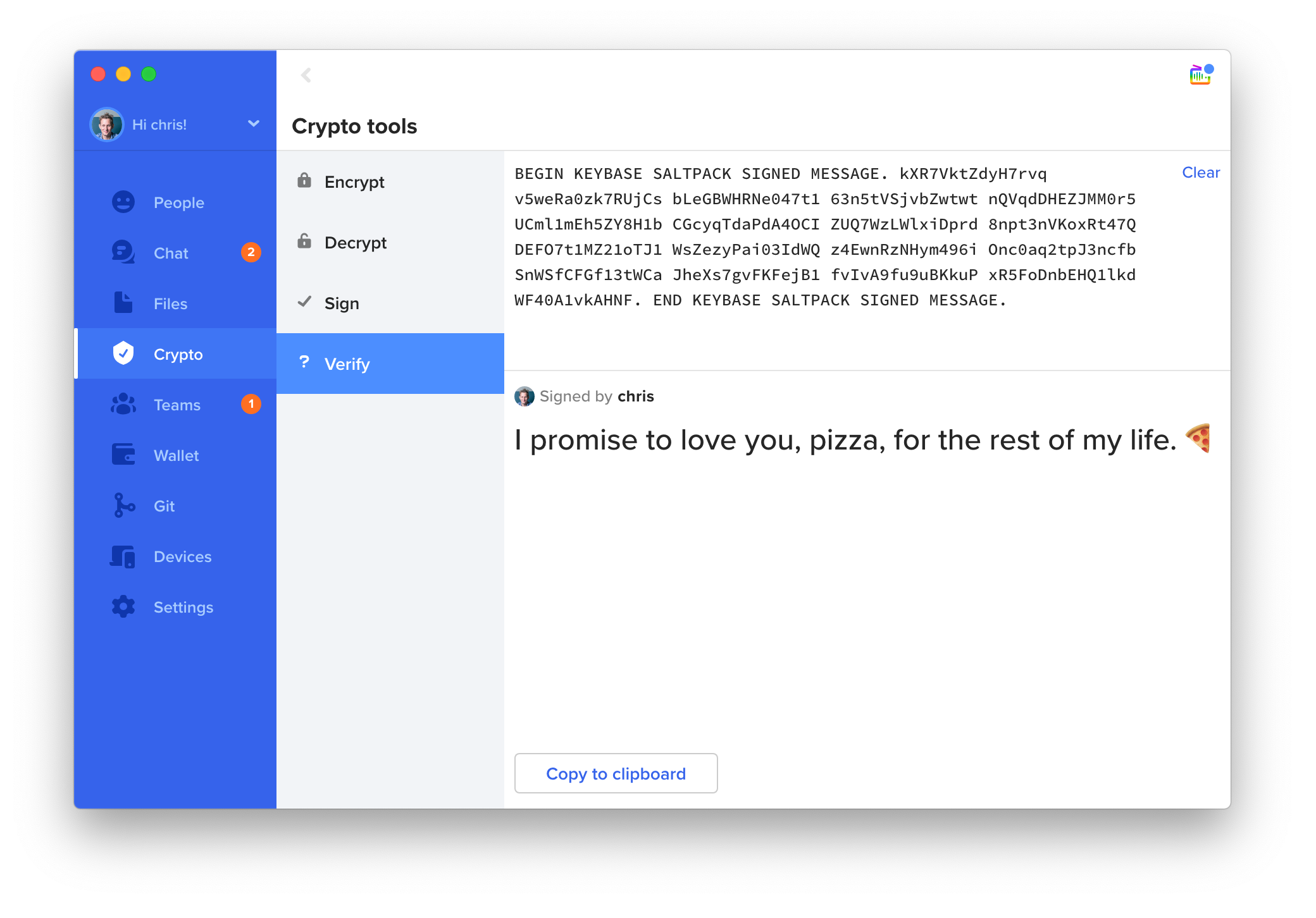 Keybase app verifying the signature as having been signed by @chris